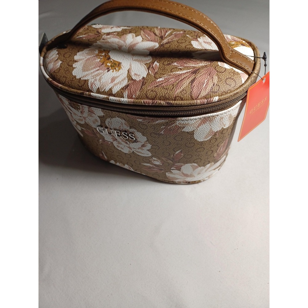 Guess Top Handle Bag Womens Small Brown Floral Logo Zip Cosmetic Case Travel